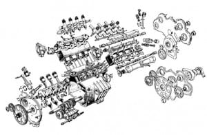 Exploded view, die de constructieve opbouw van de eerste versie van het V8 motorblok goed in beeld brengt